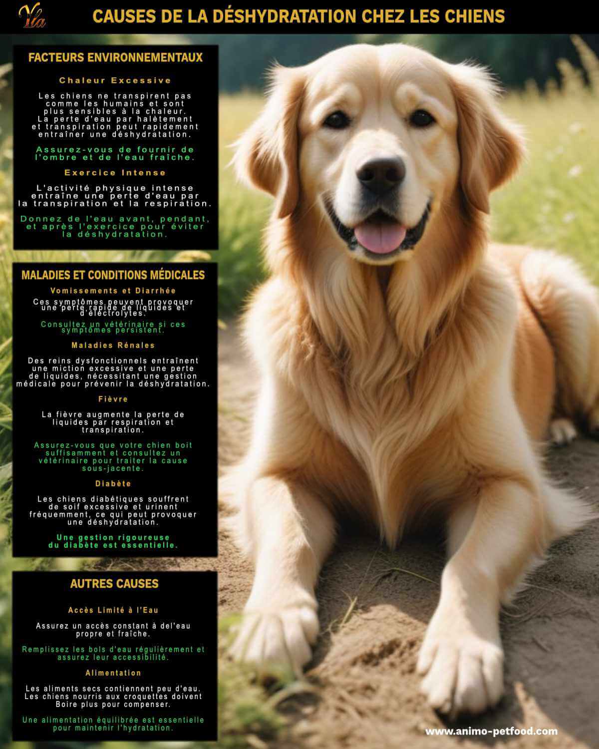 Causes de la déshydratation chez les chiens : chaleur excessive, exercice intense, vomissements, diarrhée, maladies rénales, fièvre, diabète, accès limité à l'eau, alimentation sèche. Prévenez la déshydratation en assurant un accès constant à de l'eau fraîche et propre.